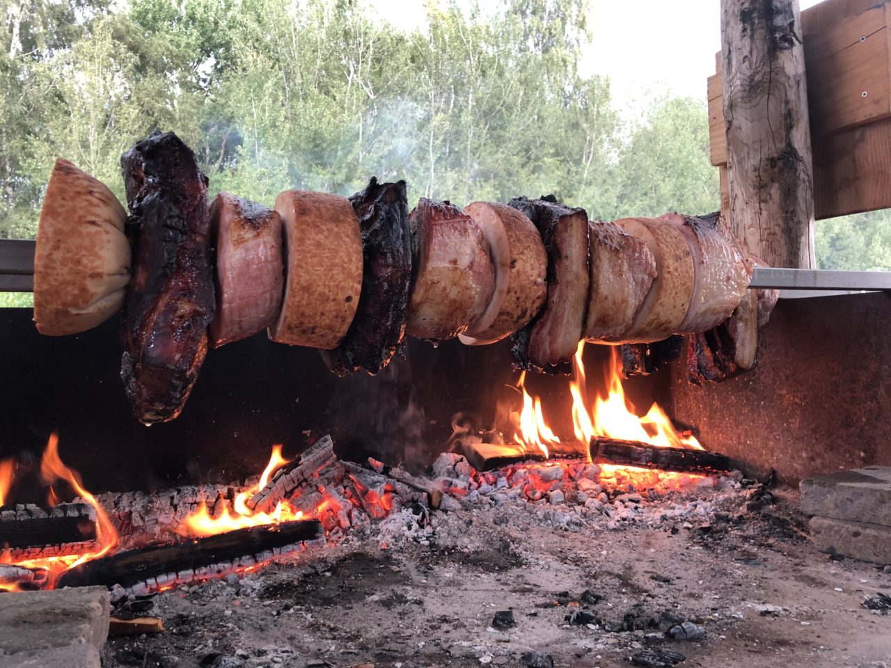 Verschiedene Fleischsorten am Spieß über Holzfeuer